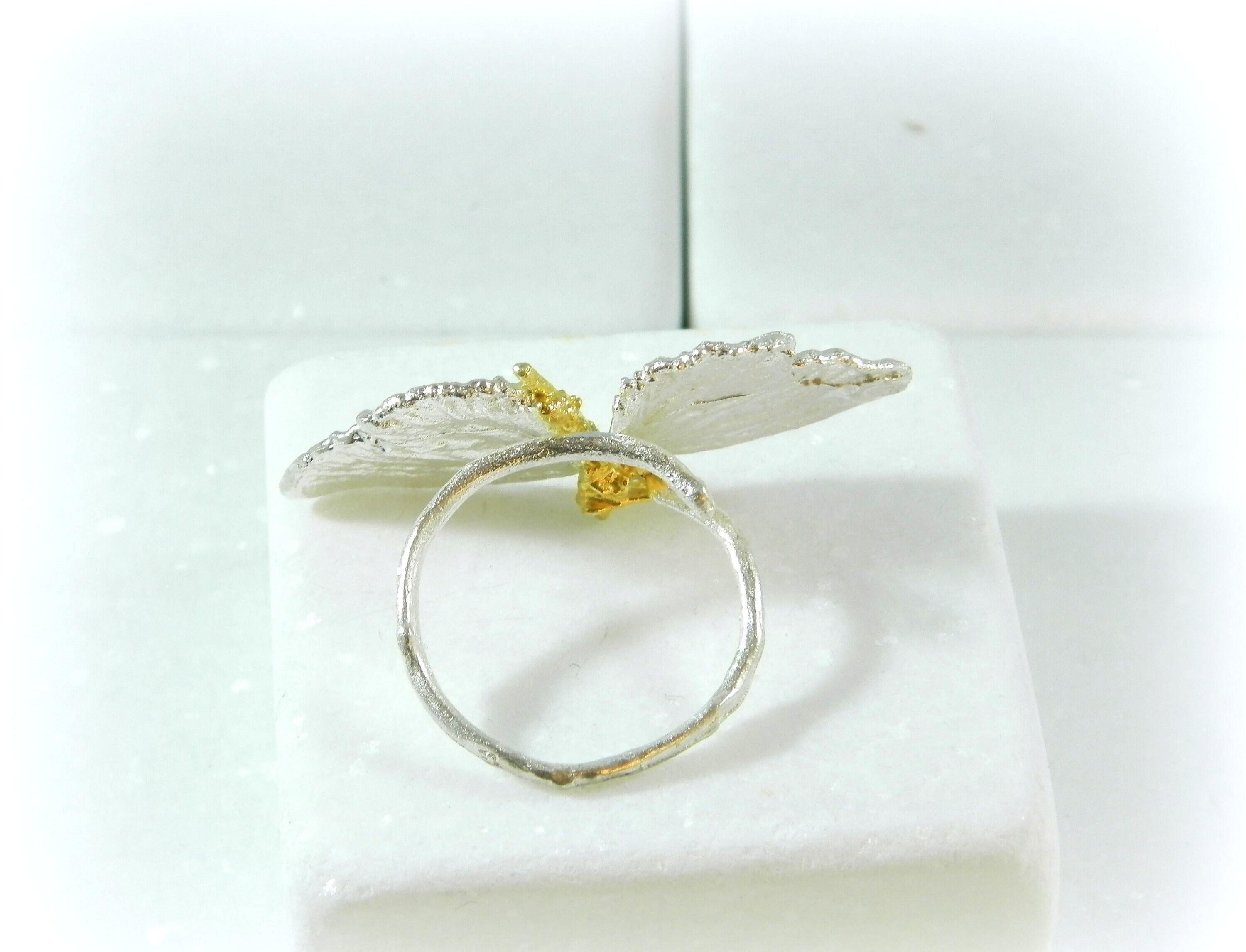 Real Butterfly Silver Ring, Handmade Nature Jewelry, Organic Statement Band, Gift for Health & Freedom, Gold and Sterling Silver 925