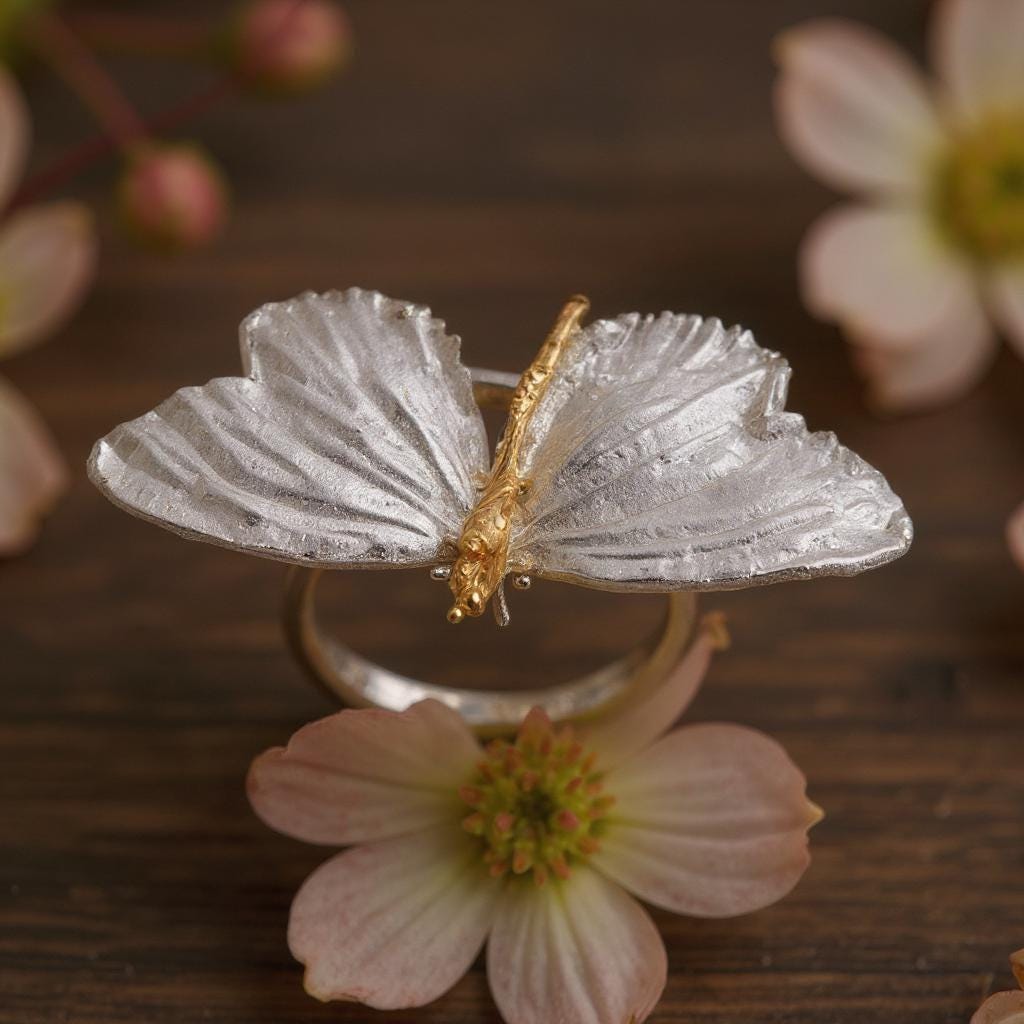 Real Butterfly Silver Ring, Handmade Nature Jewelry, Organic Statement Band, Gift for Health & Freedom, Gold and Sterling Silver 925