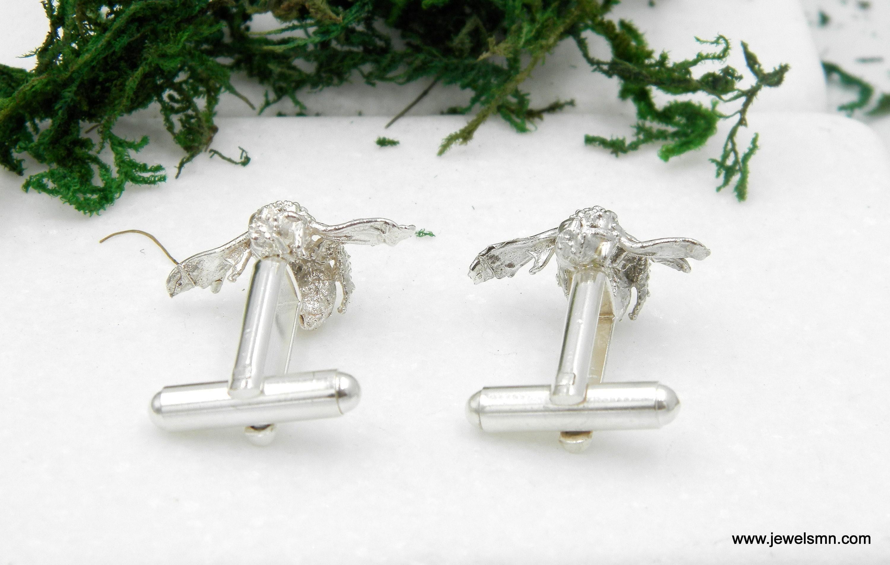 Bee Cufflinks, Handmade Men's Accessories for Suit, Sterling Silver 925, Nature-Inspired Jewelry