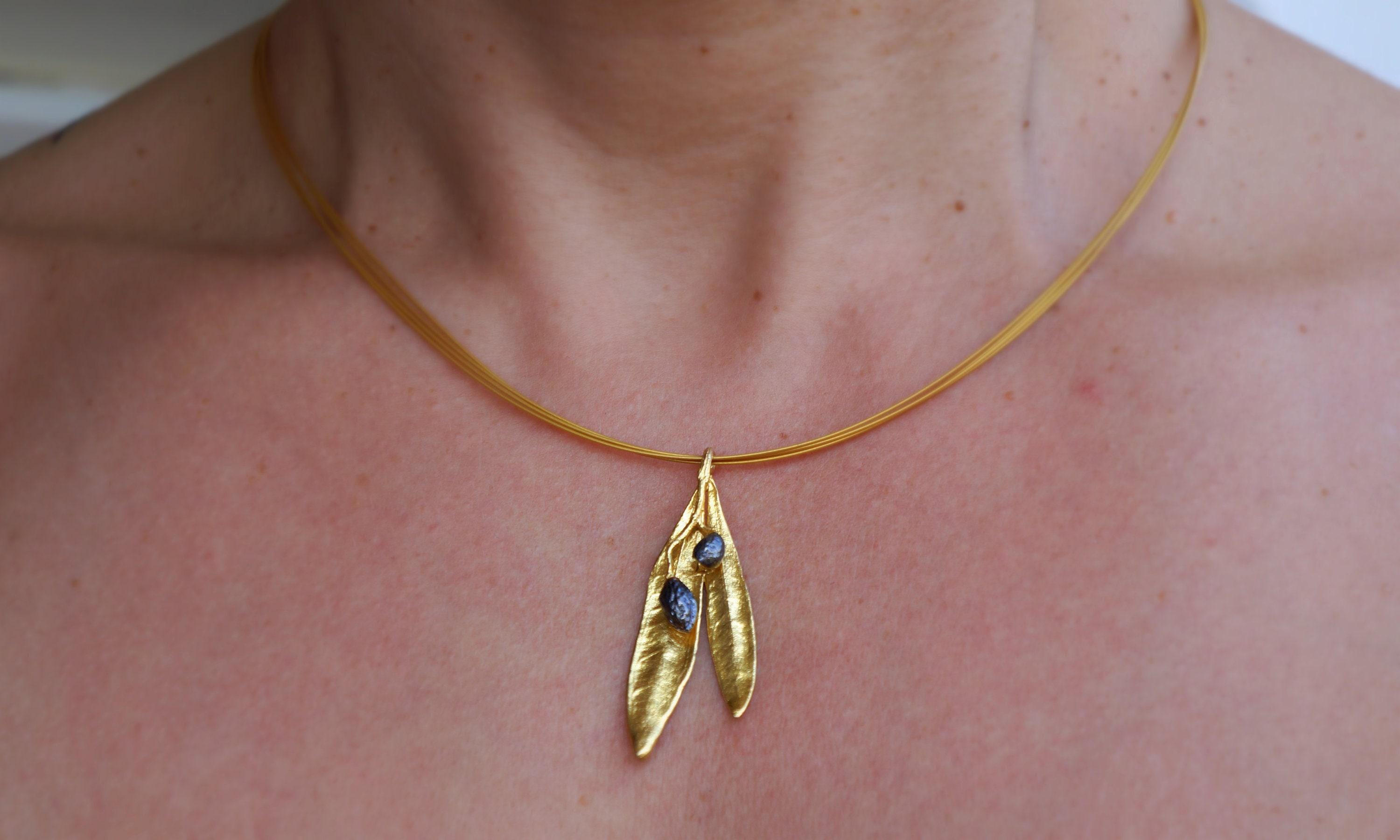 Real Olive Leaves Gold Pendant, Handmade Nature Jewelry, Organic Tree Necklace, Boho Gift for Victory & Health, Sterling Silver 925