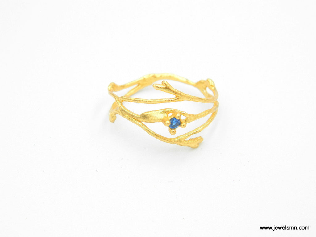 Real Jasmine Branch Ring with Zircon, Handmade Nature Jewelry, Organic Twig Band, Gift for Purity & Health, Sterling Silver 925