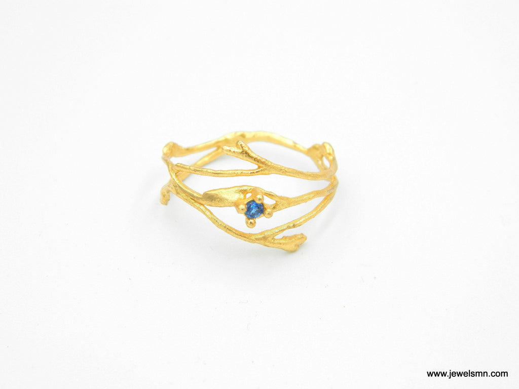 Real Jasmine Branch Ring with Zircon, Handmade Nature Jewelry, Organic Twig Band, Gift for Purity & Health, Sterling Silver 925