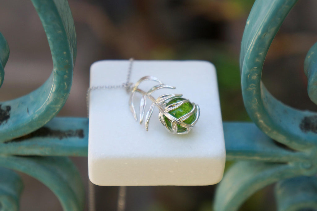 Real Araucaria Necklace, Handmade Nature Jewelry, Organic Forest Pendant with Murano Glass, Gift for Luck, Sustainable Sterling Silver 925