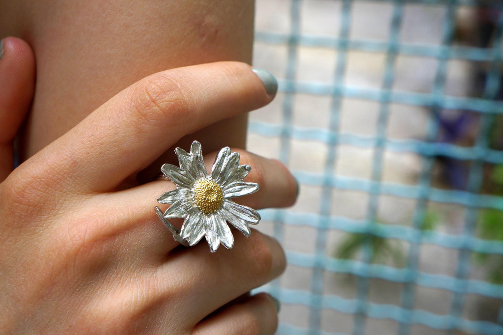 Real Daisy Flower Ring, Handmade Nature Jewelry, Organic Statement Band, Boho Gift for Health & Purity, Sterling Silver 925