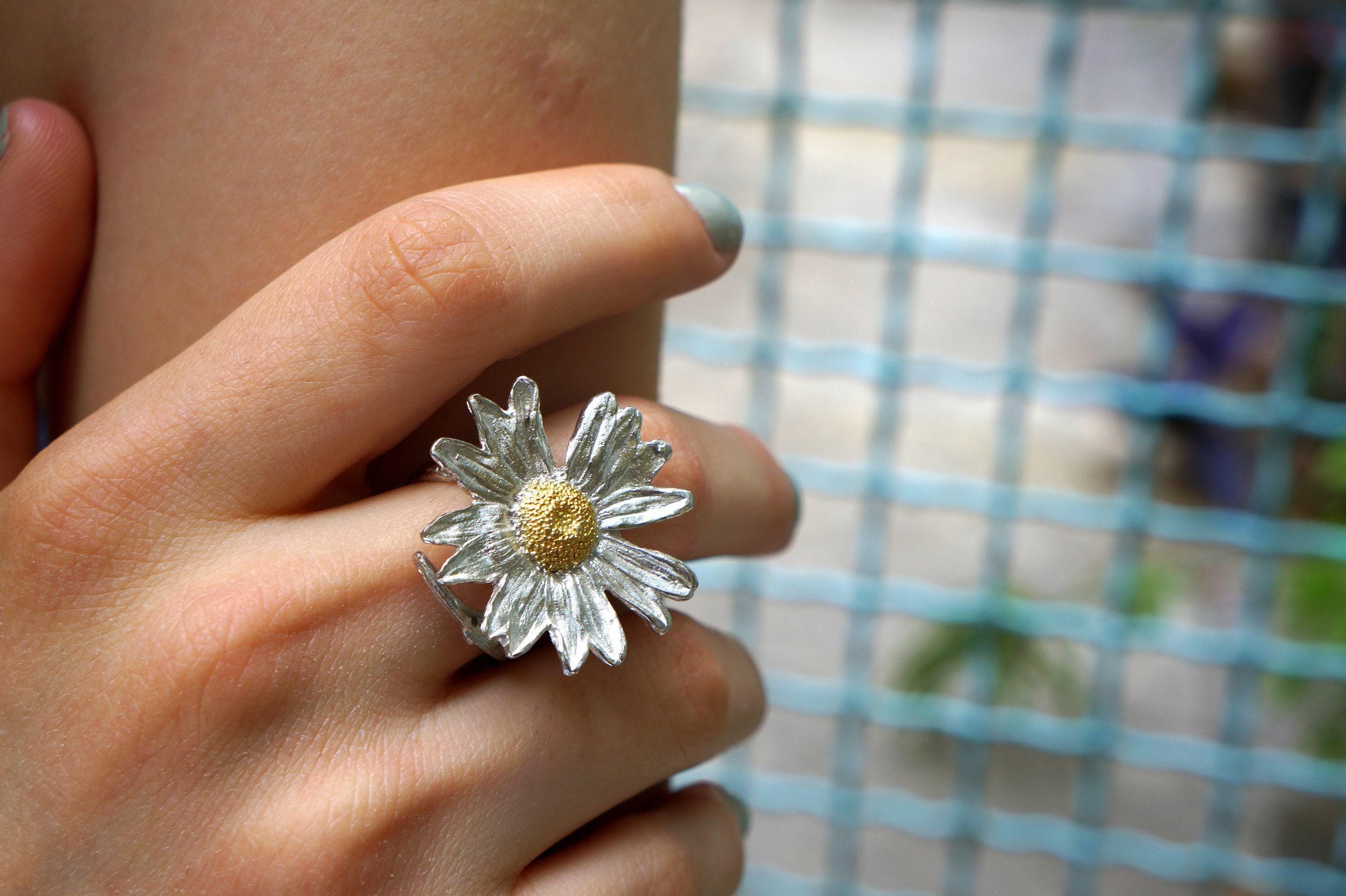 Real Daisy Flower Ring, Handmade Nature Jewelry, Organic Statement Band, Boho Gift for Health & Purity, Sterling Silver 925