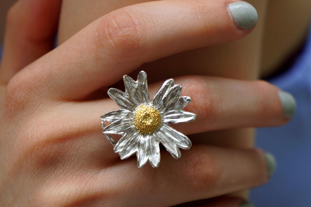 Real Daisy Flower Ring, Handmade Nature Jewelry, Organic Statement Band, Boho Gift for Health & Purity, Sterling Silver 925