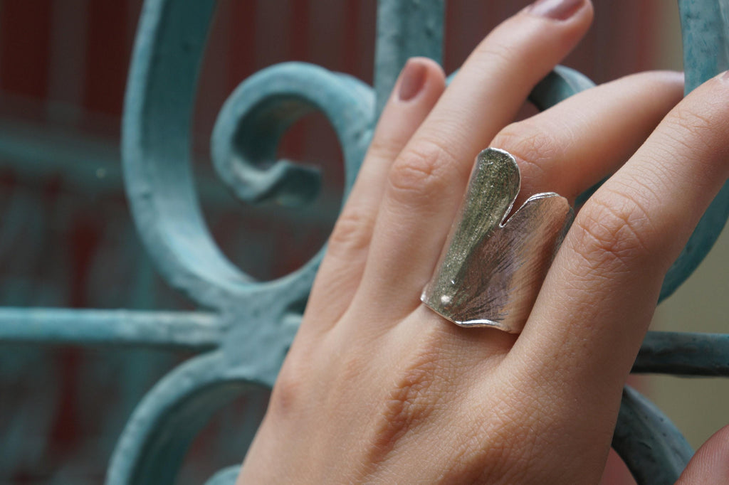 Gold Ginkgo Biloba Leaf Ring, Handmade Statement Jewelry, Organic Nature Band, Boho Gift for Luck & Health, Sterling Silver 925