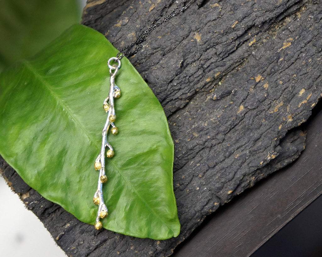 Real Mimosa Long Necklace, Handmade Nature Jewelry, Organic Forest Pendant, Gift for Bright Luck, Eco Sustainable Sterling Silver 925