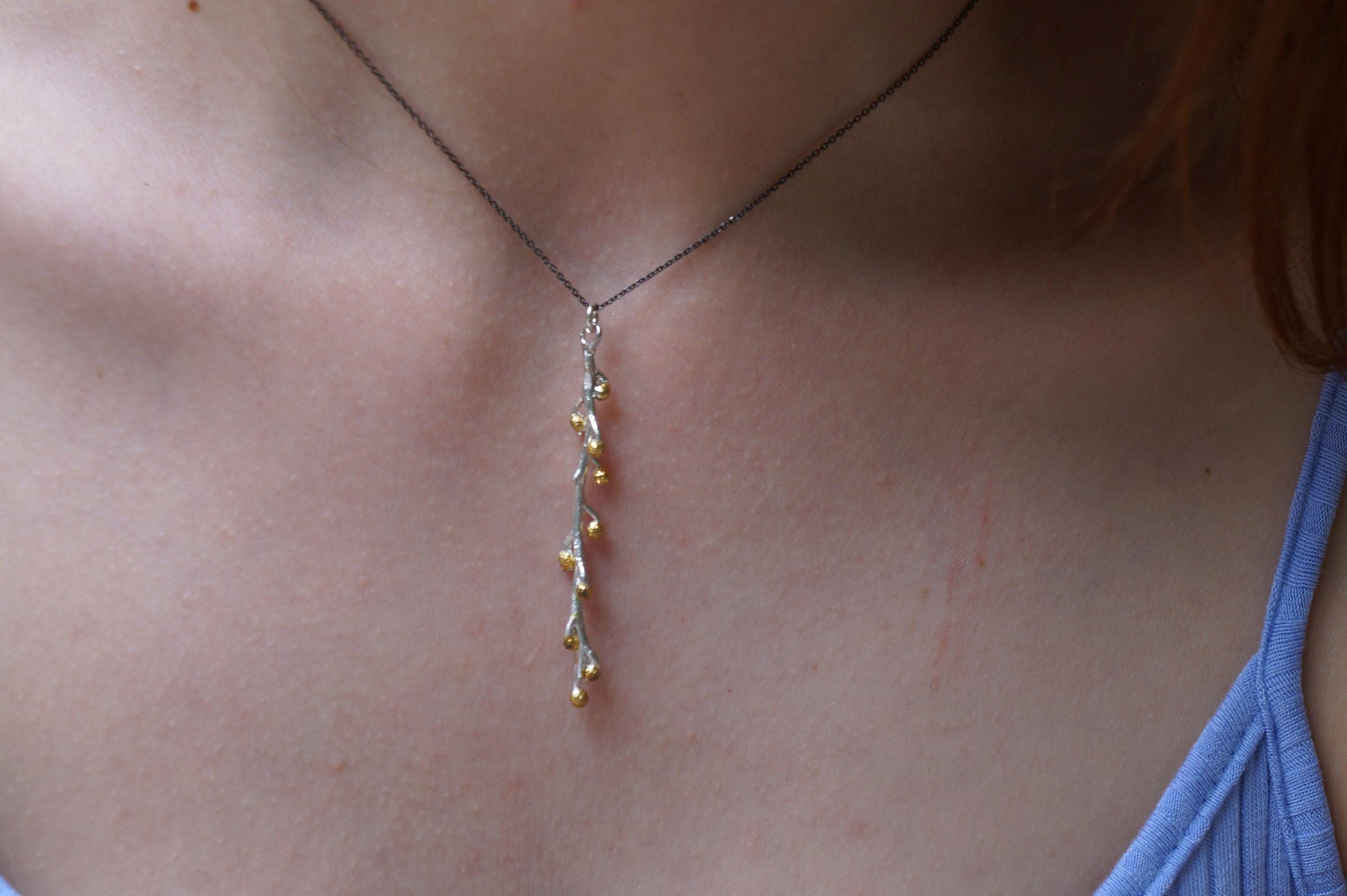 Real Mimosa Long Necklace, Handmade Nature Jewelry, Organic Forest Pendant, Gift for Bright Luck, Eco Sustainable Sterling Silver 925