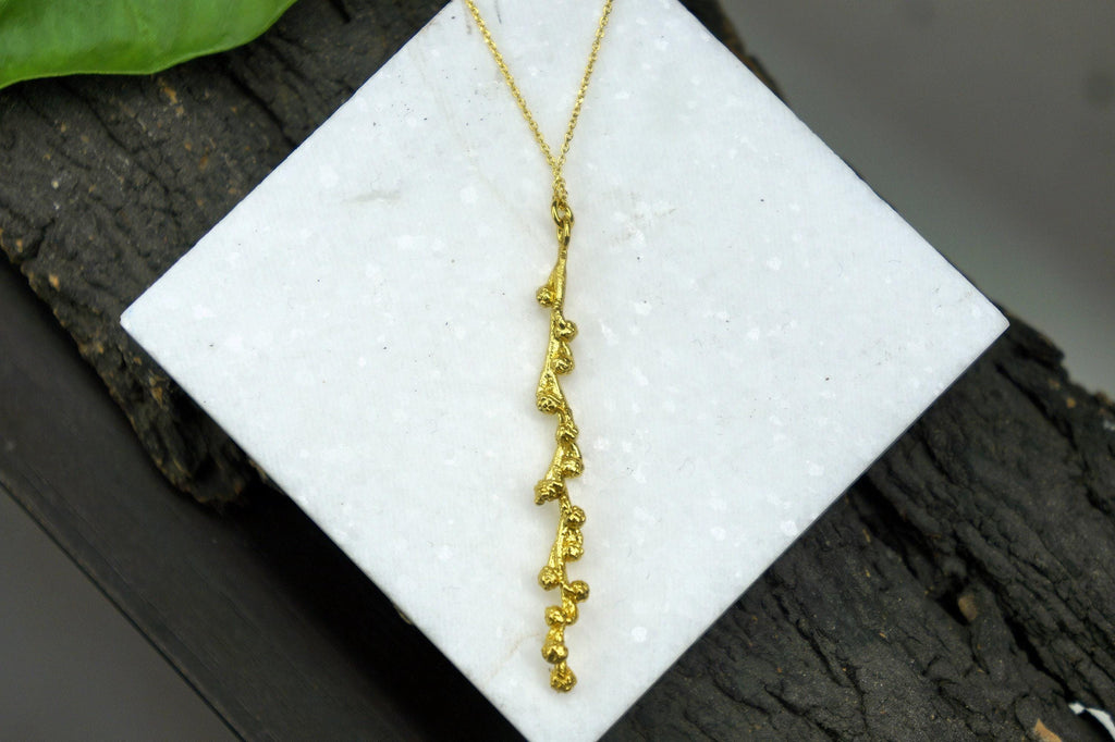 Real Mimosa Long Necklace, Handmade Nature Jewelry, Organic Forest Pendant, Gift for Bright Luck, Eco Sustainable Sterling Silver 925