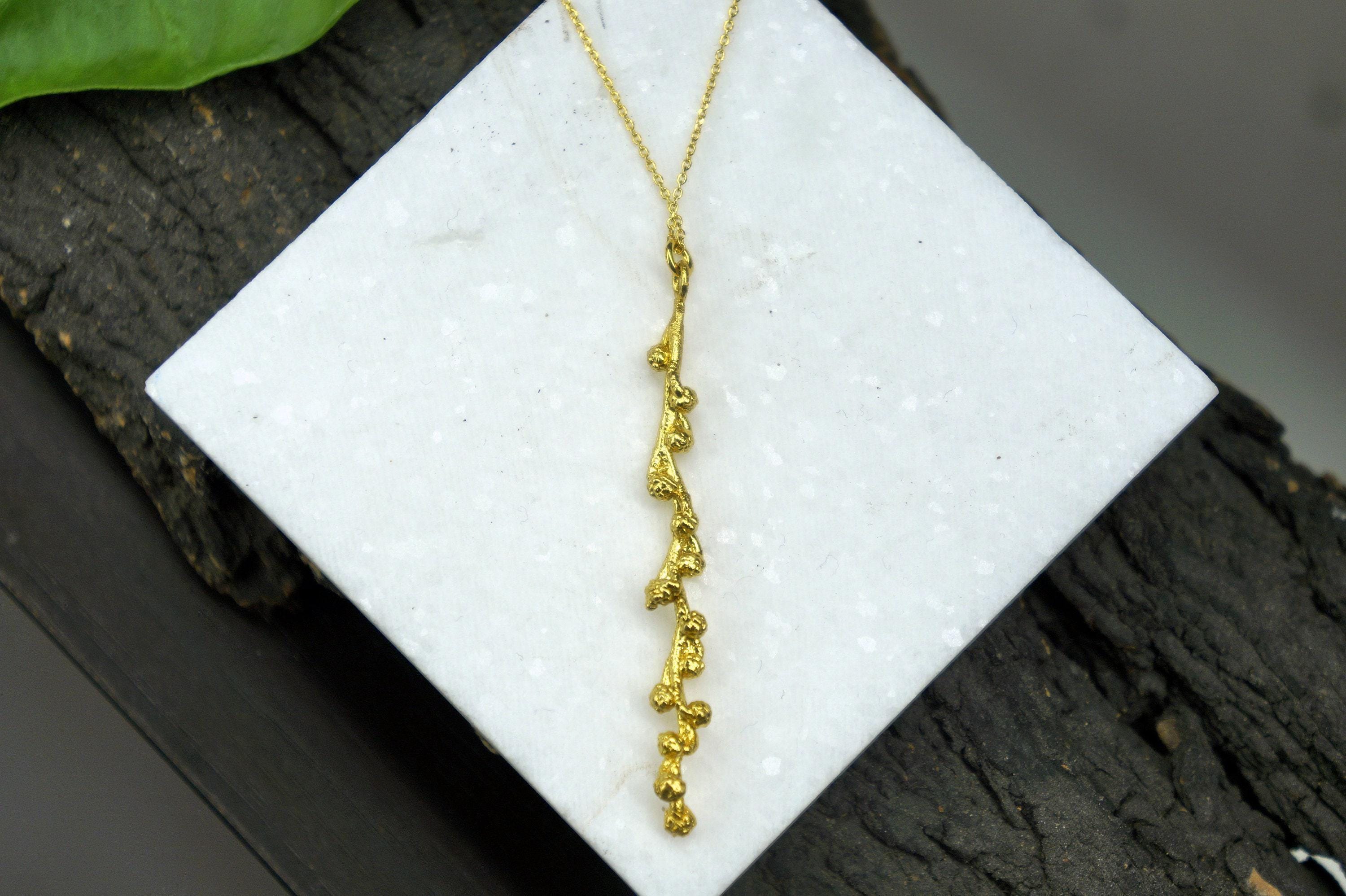 Real Mimosa Long Necklace, Handmade Nature Jewelry, Organic Forest Pendant, Gift for Bright Luck, Eco Sustainable Sterling Silver 925