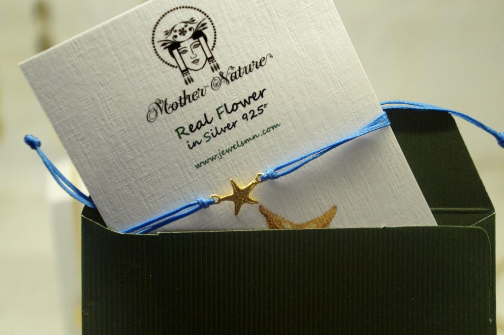Sterling Silver 14K Goldplatedplated Real starfish cord bracelet. Adjustable Real sea starfish Dainty bracelet Valentines day gift.