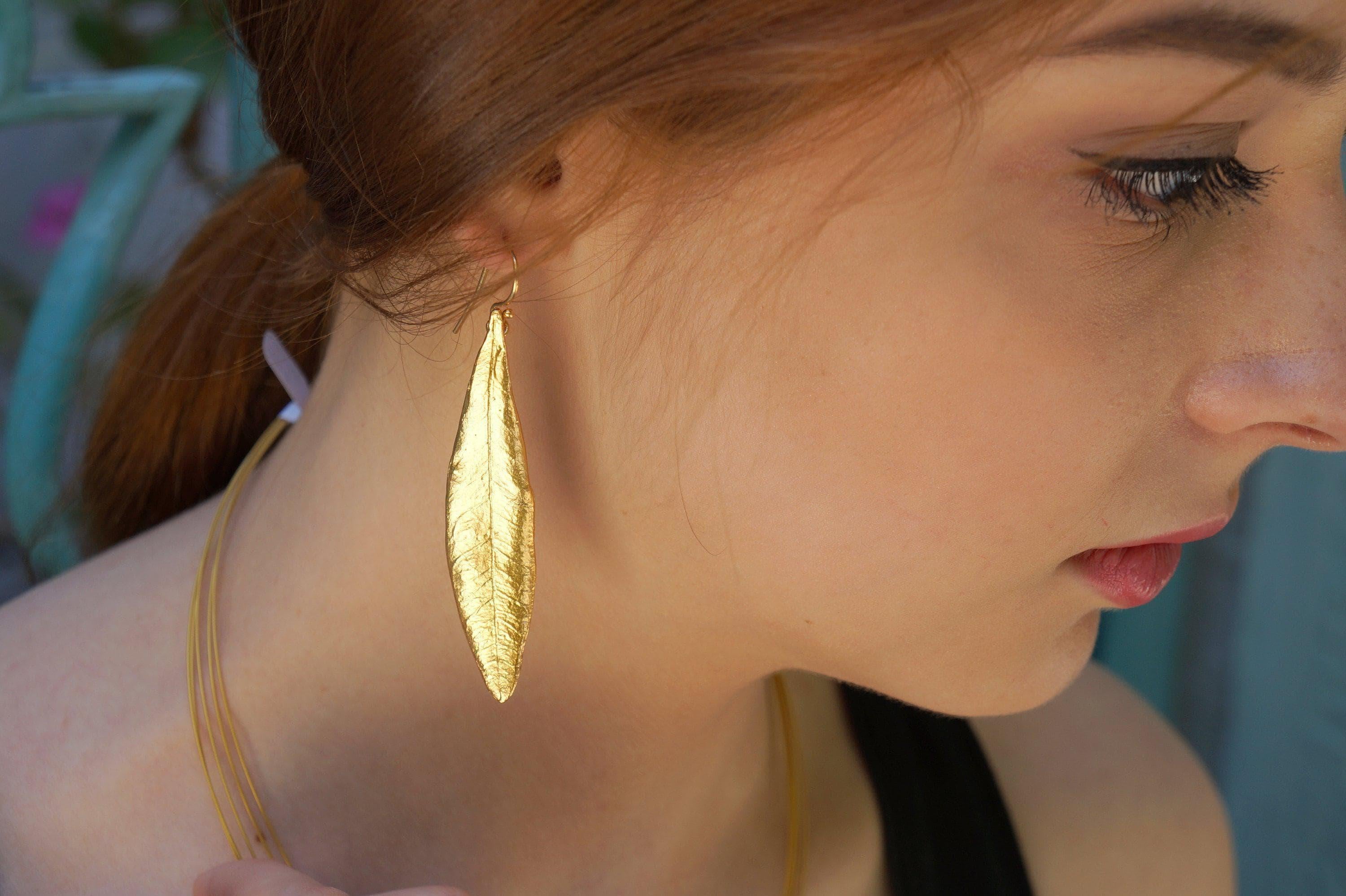 Real Olive Leaf Gold Earrings, Handmade Nature Jewelry, Organic Tree Dangles, Gift for Health & Longevity, Gold or Sterling Silver 925