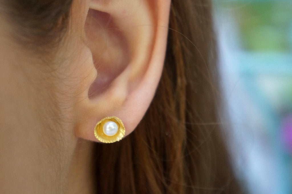 Real Sea Shell and Pearl Studs, Handmade Minimalist Jewelry, Beach Earrings, Gift for Luck & Longevity, Eco Sustainable Sterling Silver 925