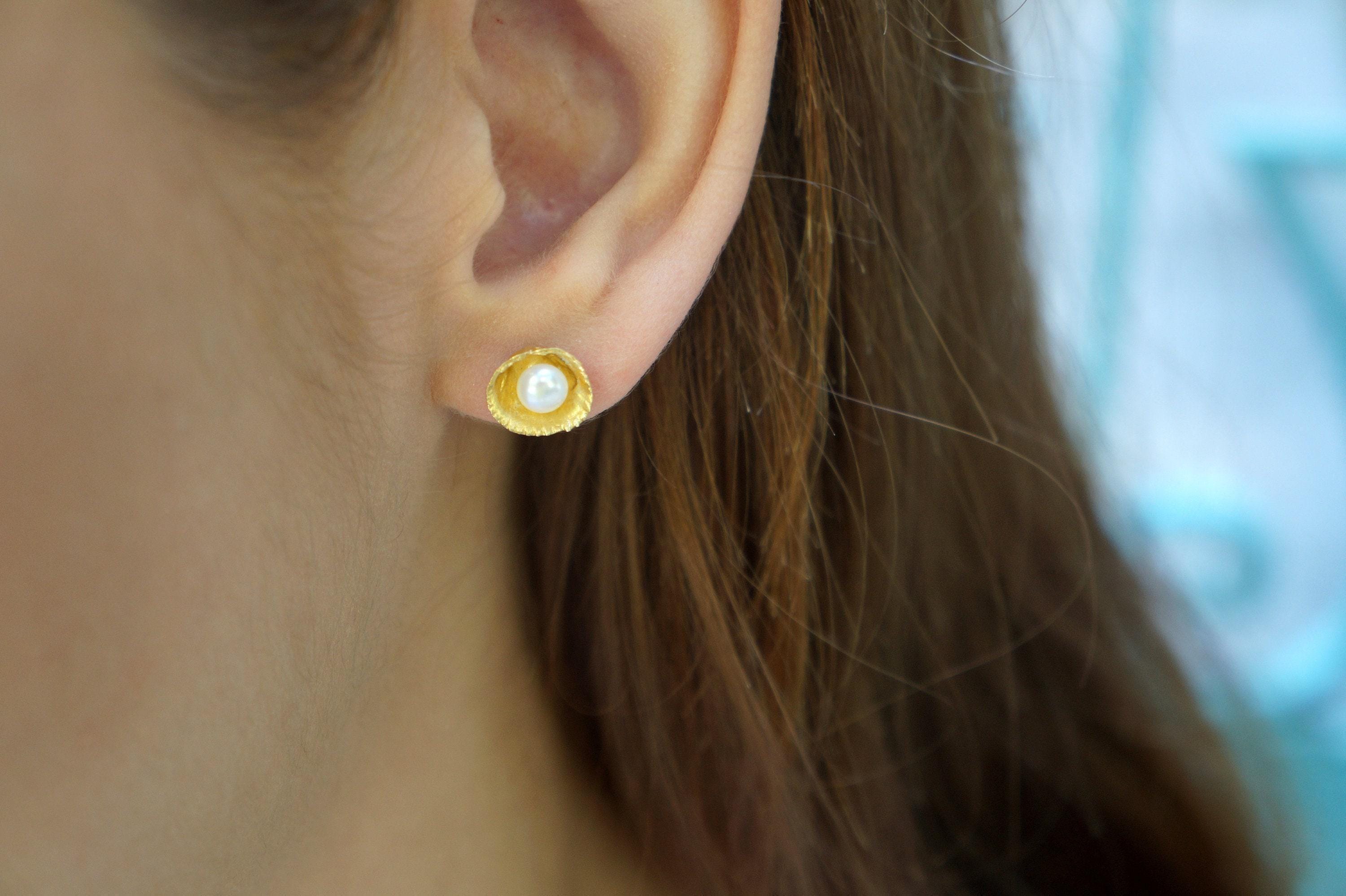 Real Sea Shell and Pearl Studs, Handmade Minimalist Jewelry, Beach Earrings, Gift for Luck & Longevity, Eco Sustainable Sterling Silver 925