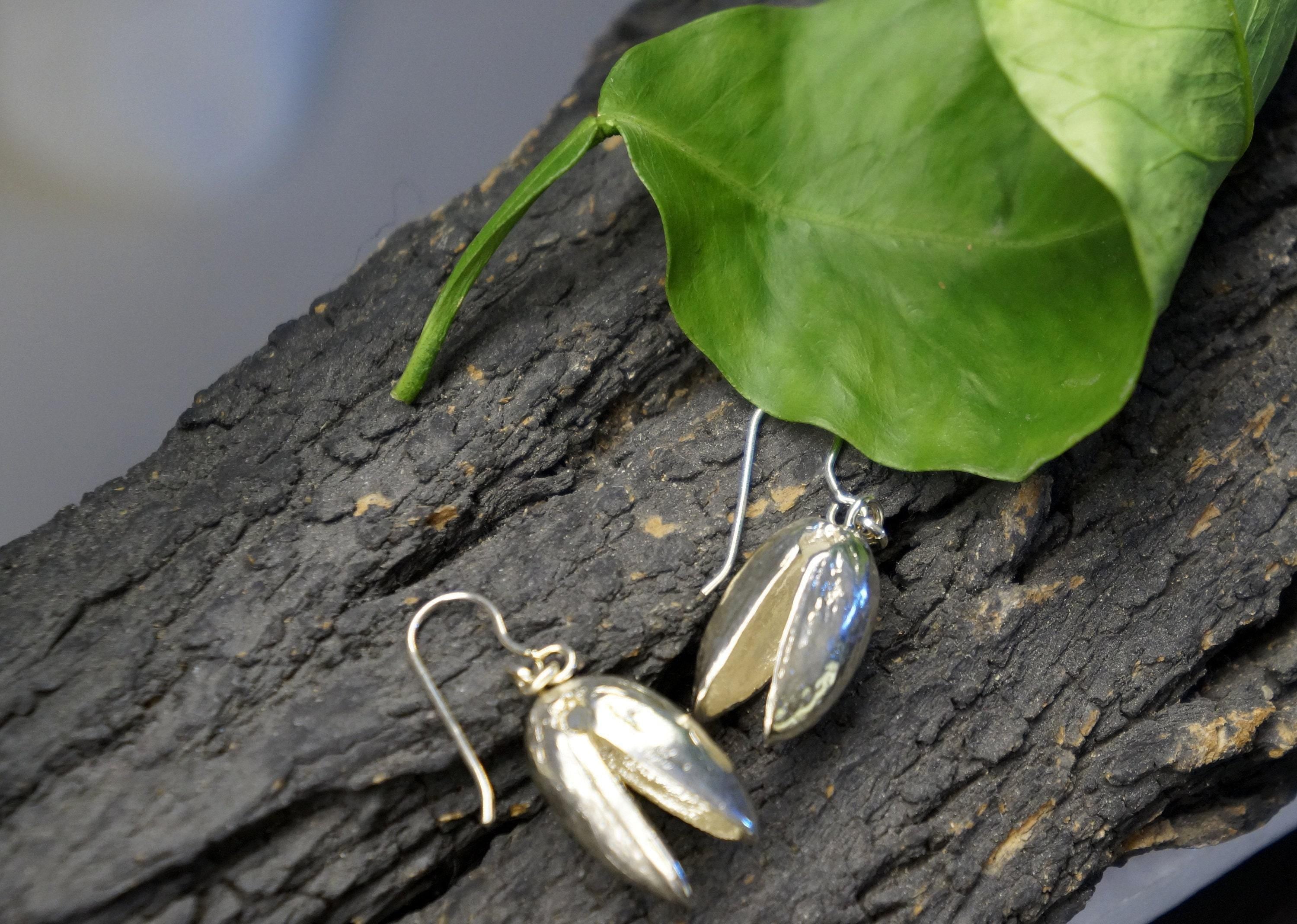 Real Pistachio Earrings, Handmade Nature Jewelry, Everyday Gold Dangles, Gift for Prosperity and Luck, Eco Sustainable Sterling Silver 925