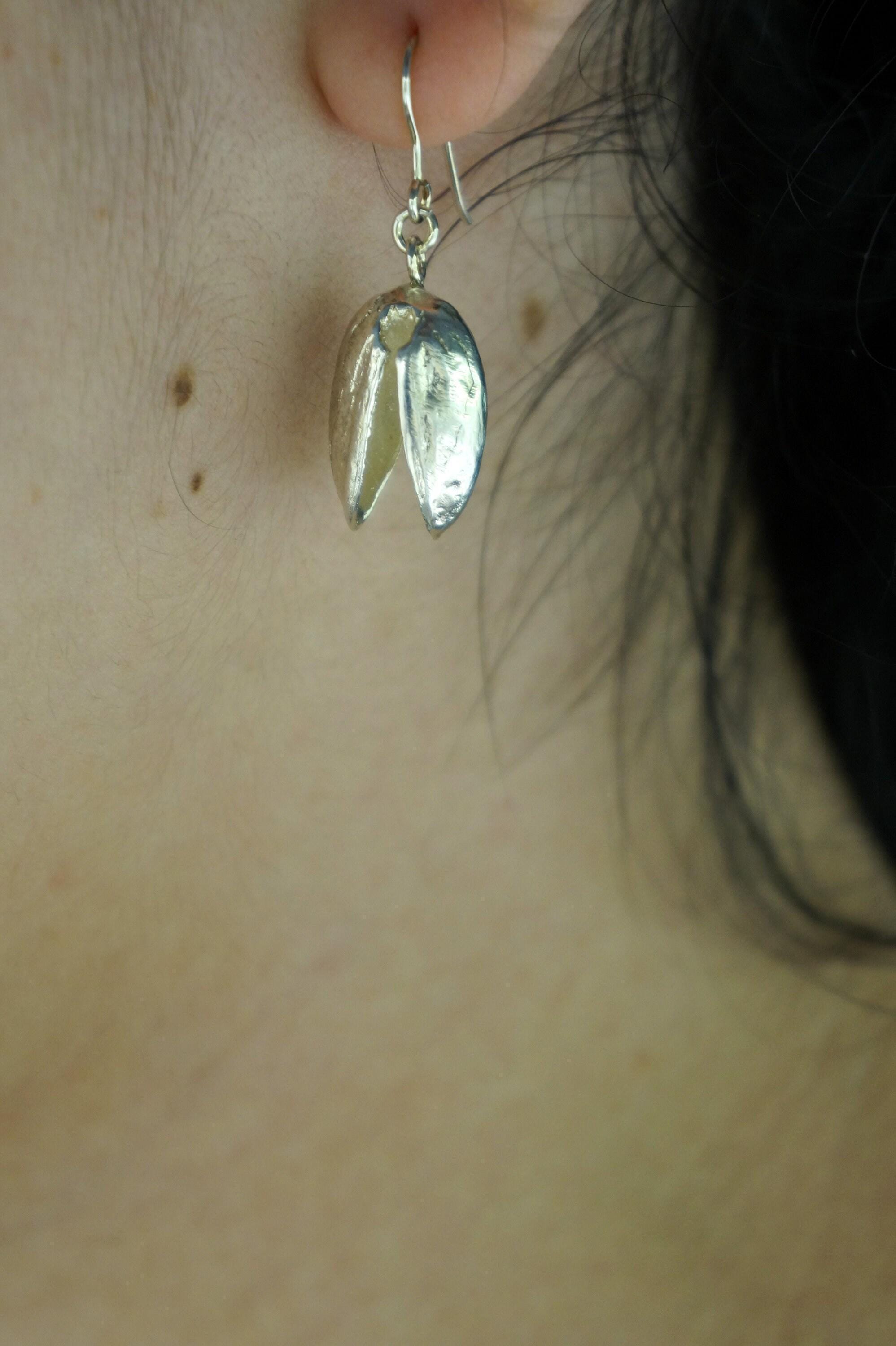 Real Pistachio Earrings, Handmade Nature Jewelry, Everyday Gold Dangles, Gift for Prosperity and Luck, Eco Sustainable Sterling Silver 925