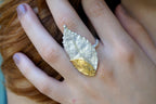 Double Rose Leaf Ring, Handmade Nature Jewelry, Botanical Statement Band, Gift for Luck & Love, Eco Sustainable Sterling Silver 925