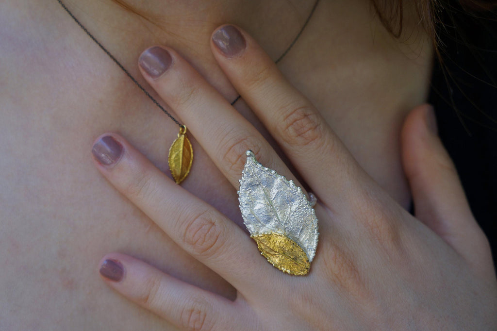 Double Rose Leaf Ring, Handmade Nature Jewelry, Botanical Statement Band, Gift for Luck & Love, Eco Sustainable Sterling Silver 925