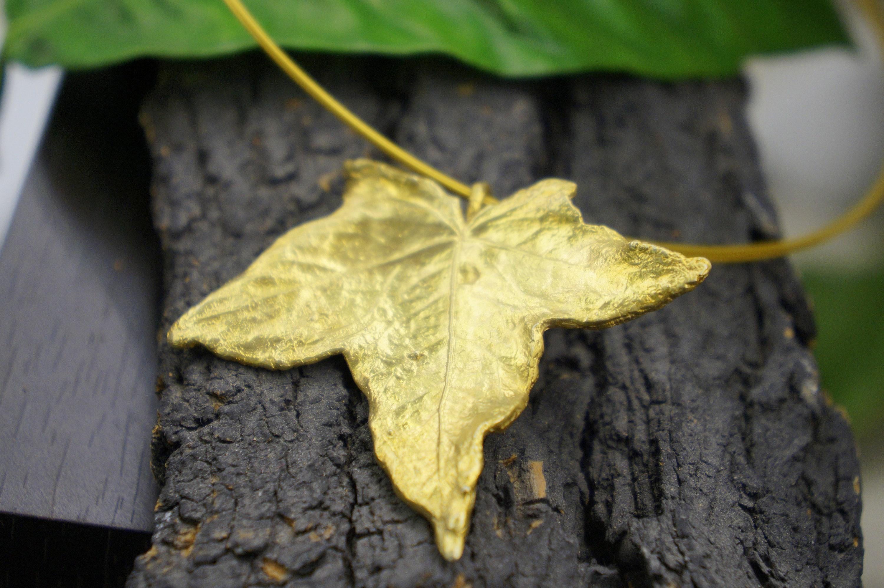 Gold Ivy Leaf Necklace, Handmade Nature Jewelry, Organic Forest Pendant, Gift for Protection & Vitality, Eco Sustainable Sterling Silver 925