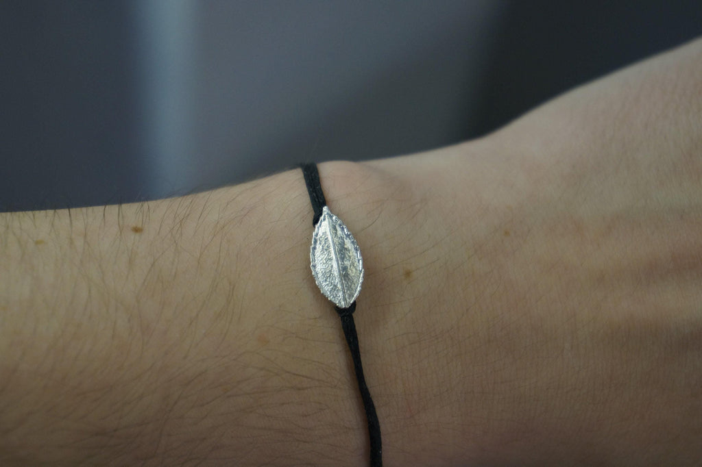 Rose Leaf Bracelet, Sterling Silver, wax cord bracelet.