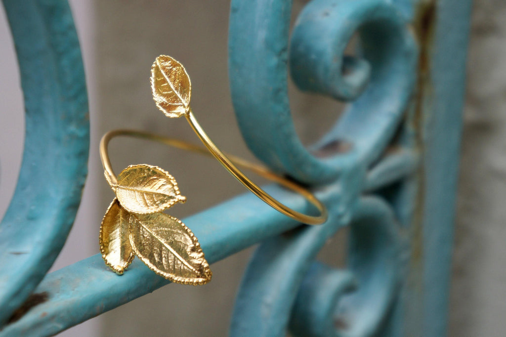 Gold Rose Leaves Cuff Bracelet, Handmade Nature Jewelry, Boho Bracelet for Gift, Symbol of Health and Love, Sustainable Sterling Silver 925