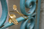 Gold Rose Leaves Cuff Bracelet, Handmade Nature Jewelry, Boho Bracelet for Gift, Symbol of Health and Love, Sustainable Sterling Silver 925
