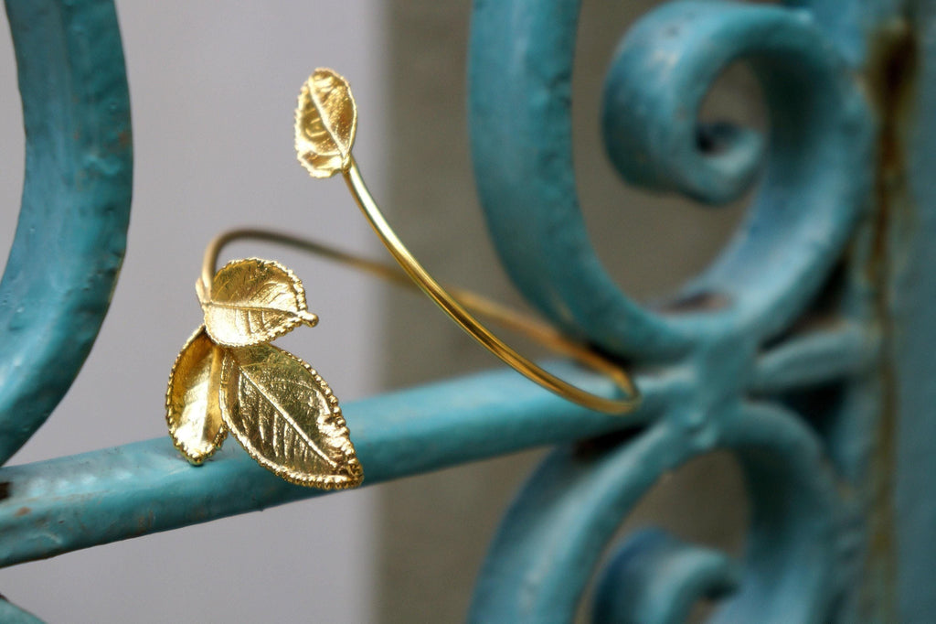 Gold Rose Leaves Cuff Bracelet, Handmade Nature Jewelry, Boho Bracelet for Gift, Symbol of Health and Love, Sustainable Sterling Silver 925