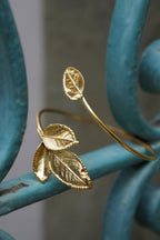 Gold Rose Leaves Cuff Bracelet, Handmade Nature Jewelry, Boho Bracelet for Gift, Symbol of Health and Love, Sustainable Sterling Silver 925