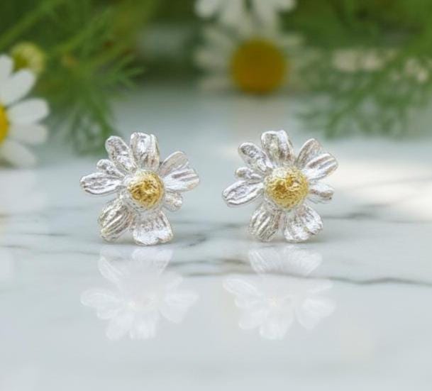 Stud Chamomile Earrings for women, 925 Sterling Silver Jewelry, Real Dainty flower - Symbolizes healing, patience, and attracting wealth