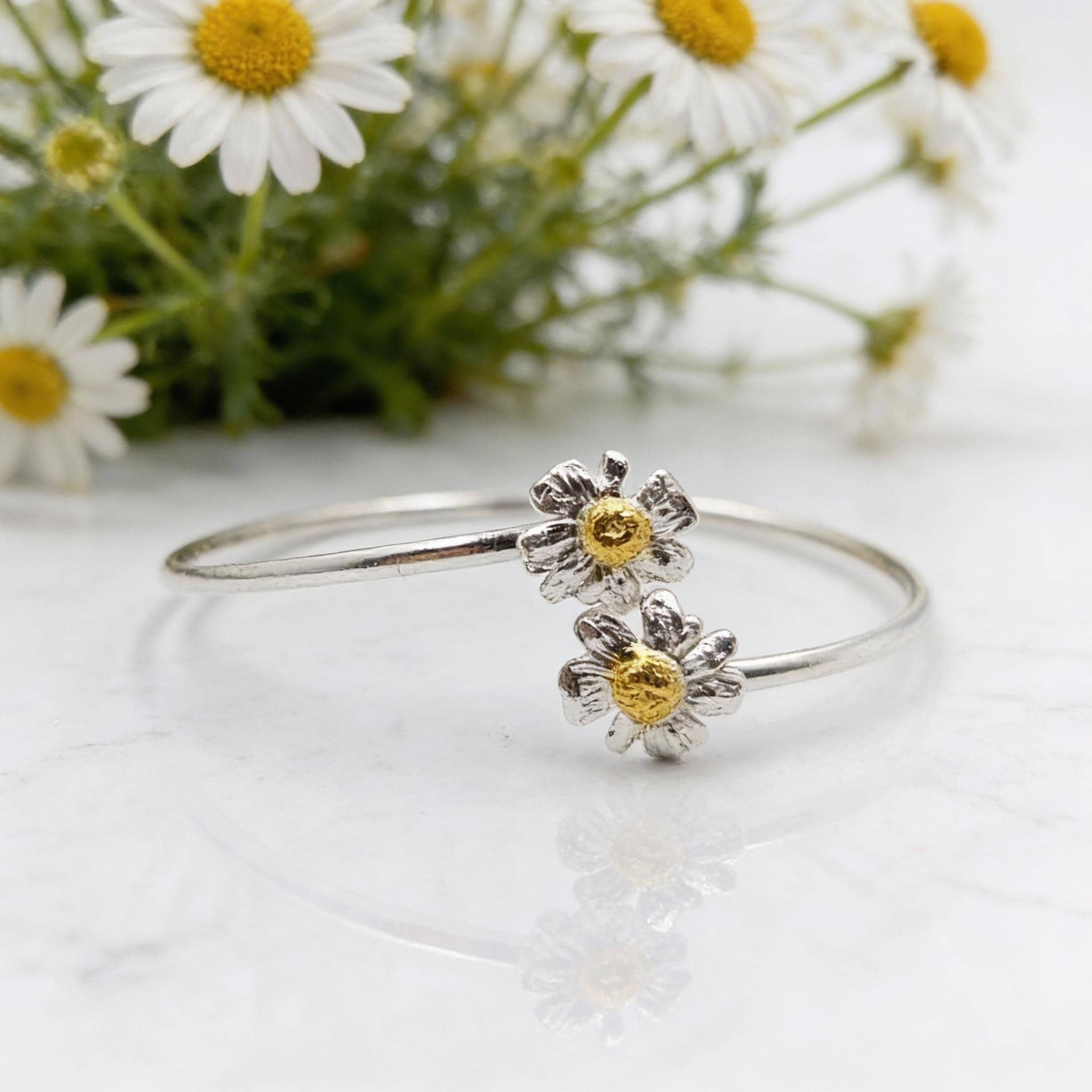 Gold Chamomile Flower Bracelet, Handmade Minimalist Jewelry, Organic Forest Cuff, Boho Gift for Protection, Sterling Silver 925