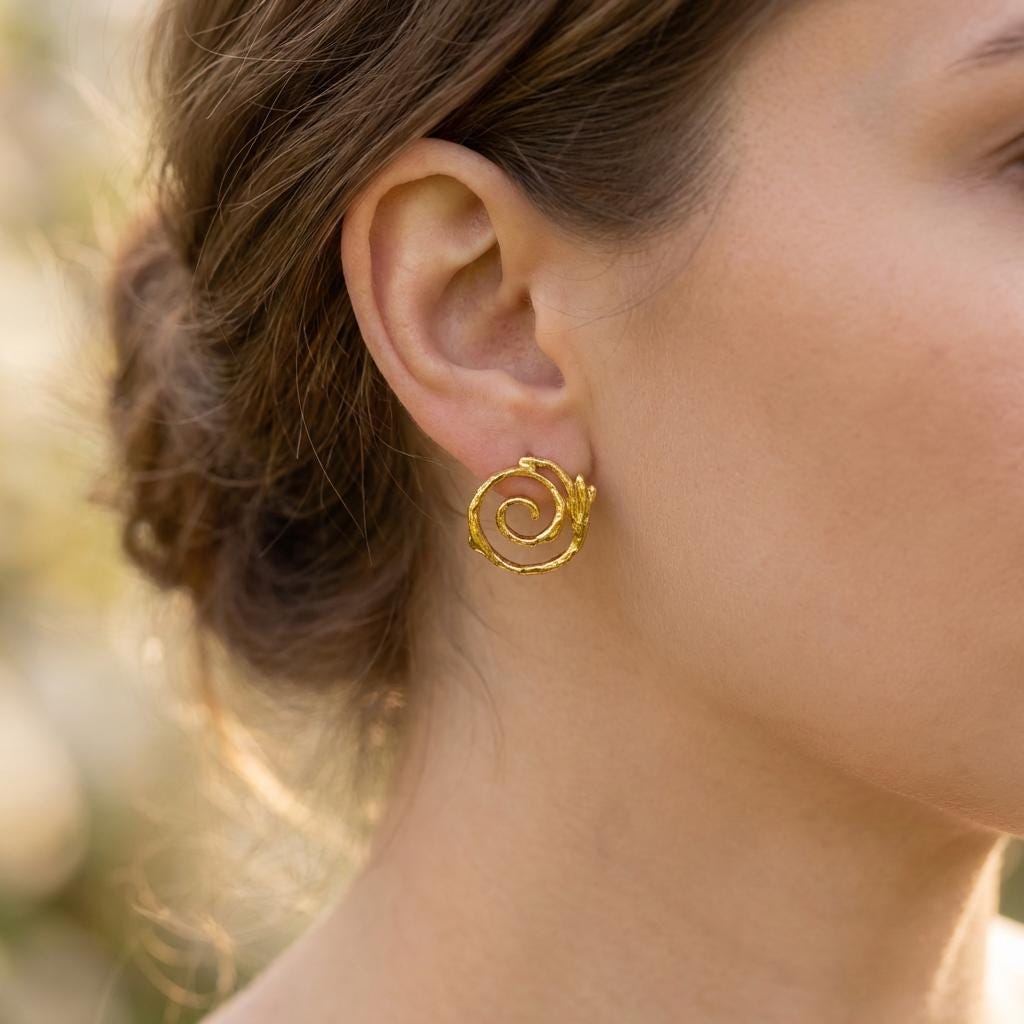 Women gift jewelry,Spiral Stud Earrings, Jasmine Twig in sterling silver 925 or 14k Gold Plated.Spiral symbol of life's unfolding journey.