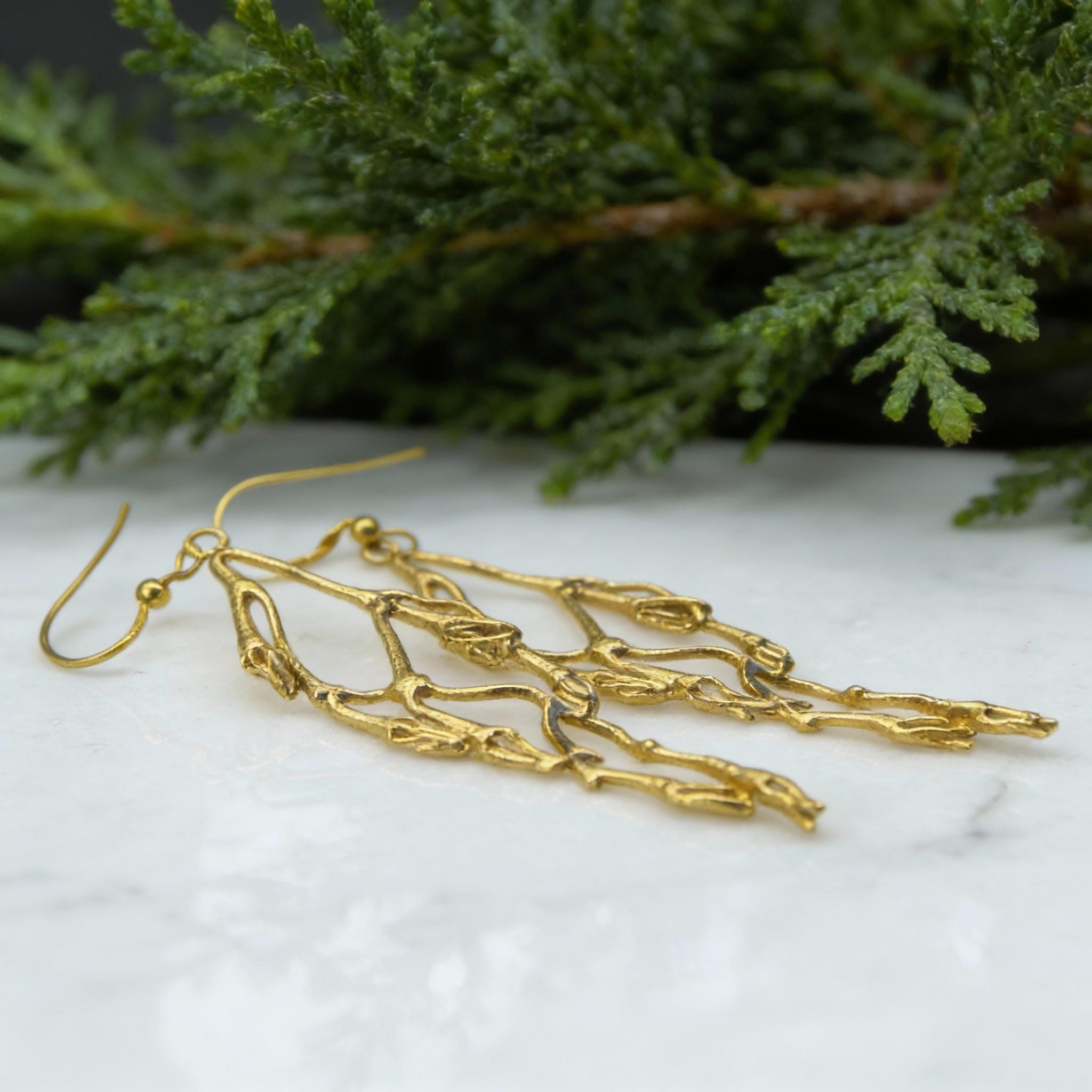 Real Jasmine Branch Earrings, Handmade Nature Jewelry, Organic Statement Dangles, Eco Gift for Purity & Luck, Gold or Sterling Silver 925