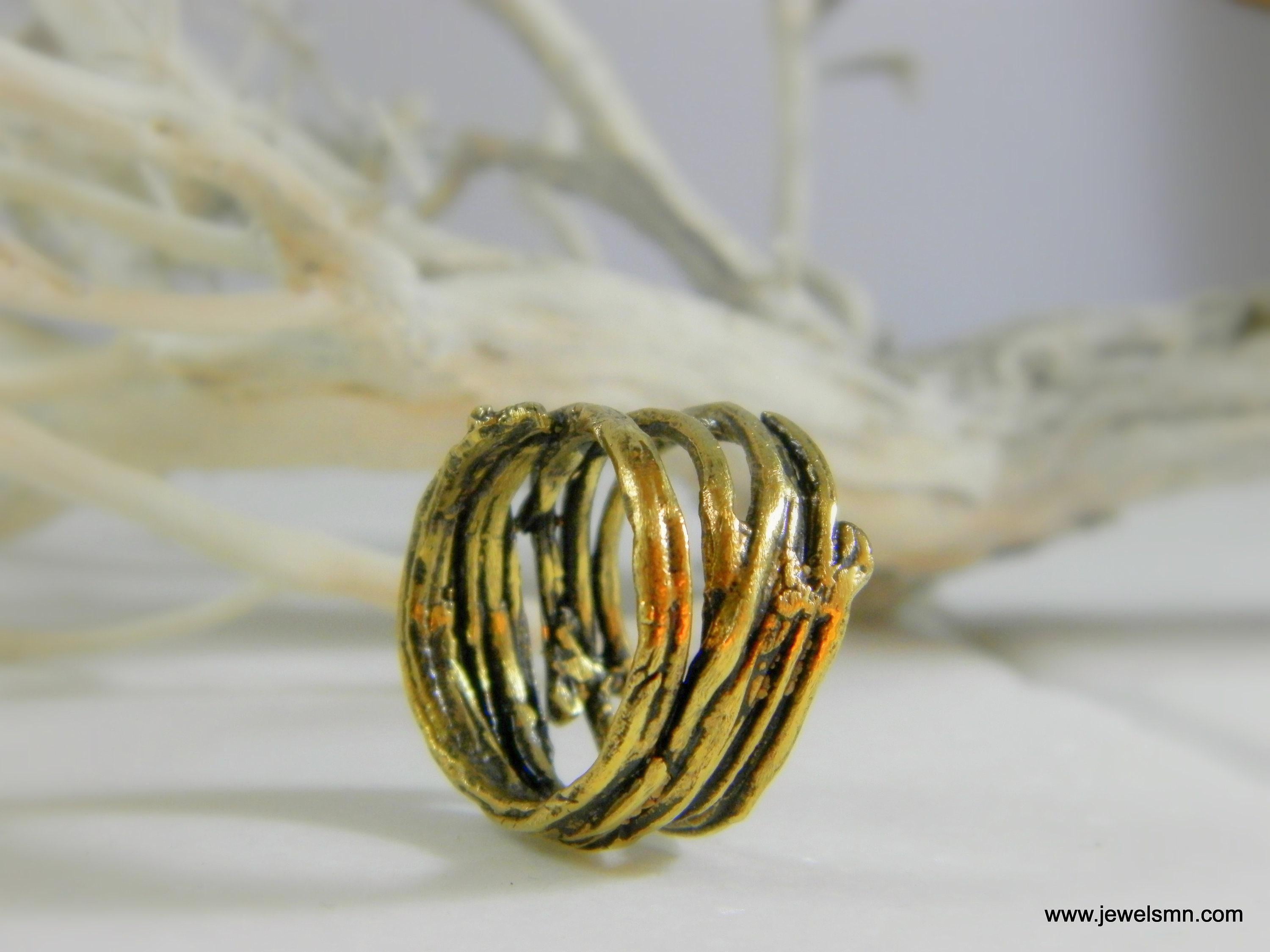 Real Pine Branch Ring, Handmade Nature Jewelry, Organic Forest Band, Gift for Luck & Protection, Eco Sustainable Oxidized Brass
