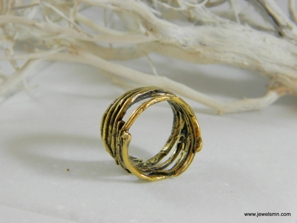Real Pine Branch Ring, Handmade Nature Jewelry, Organic Forest Band, Gift for Luck & Protection, Eco Sustainable Oxidized Brass