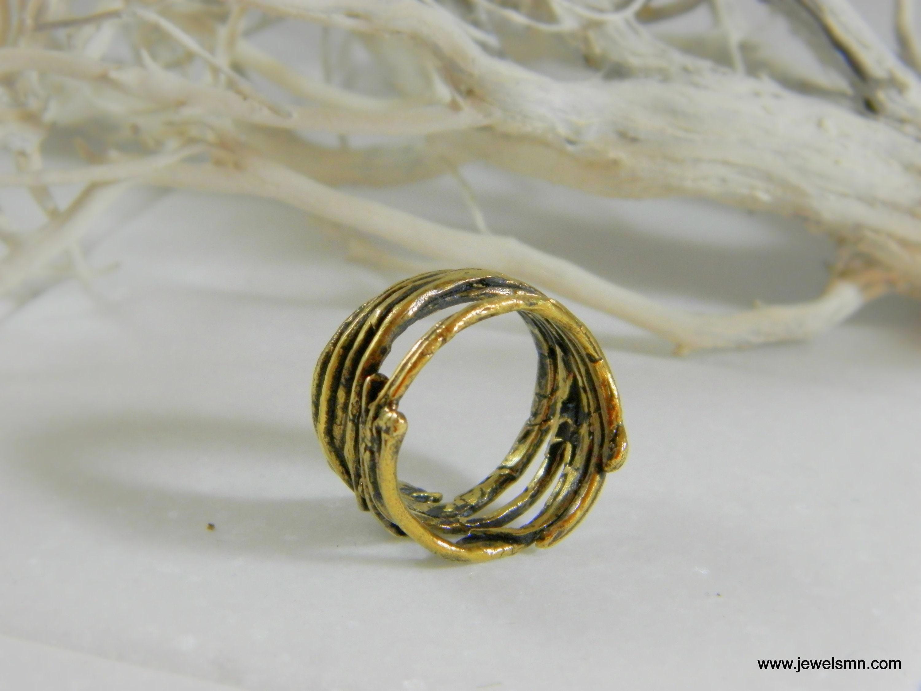 Real Pine Branch Ring, Handmade Nature Jewelry, Organic Forest Band, Gift for Luck & Protection, Eco Sustainable Oxidized Brass