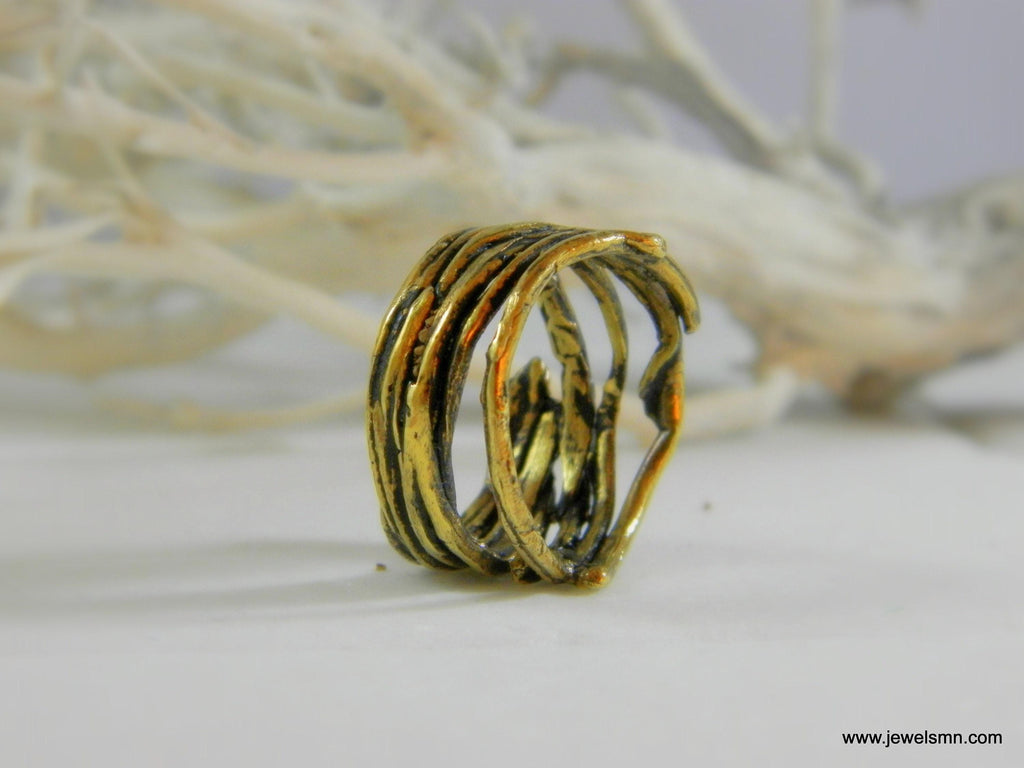 Real Pine Branch Ring, Handmade Nature Jewelry, Organic Forest Band, Gift for Luck & Protection, Eco Sustainable Oxidized Brass