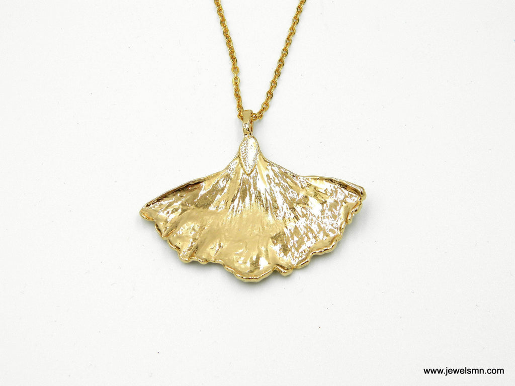 Gold Ginkgo Biloba Leaf Necklace, Handmade Nature Jewelry, Organic Forest Pendant, Gift for Success & Health, Eco Sustainable Brass