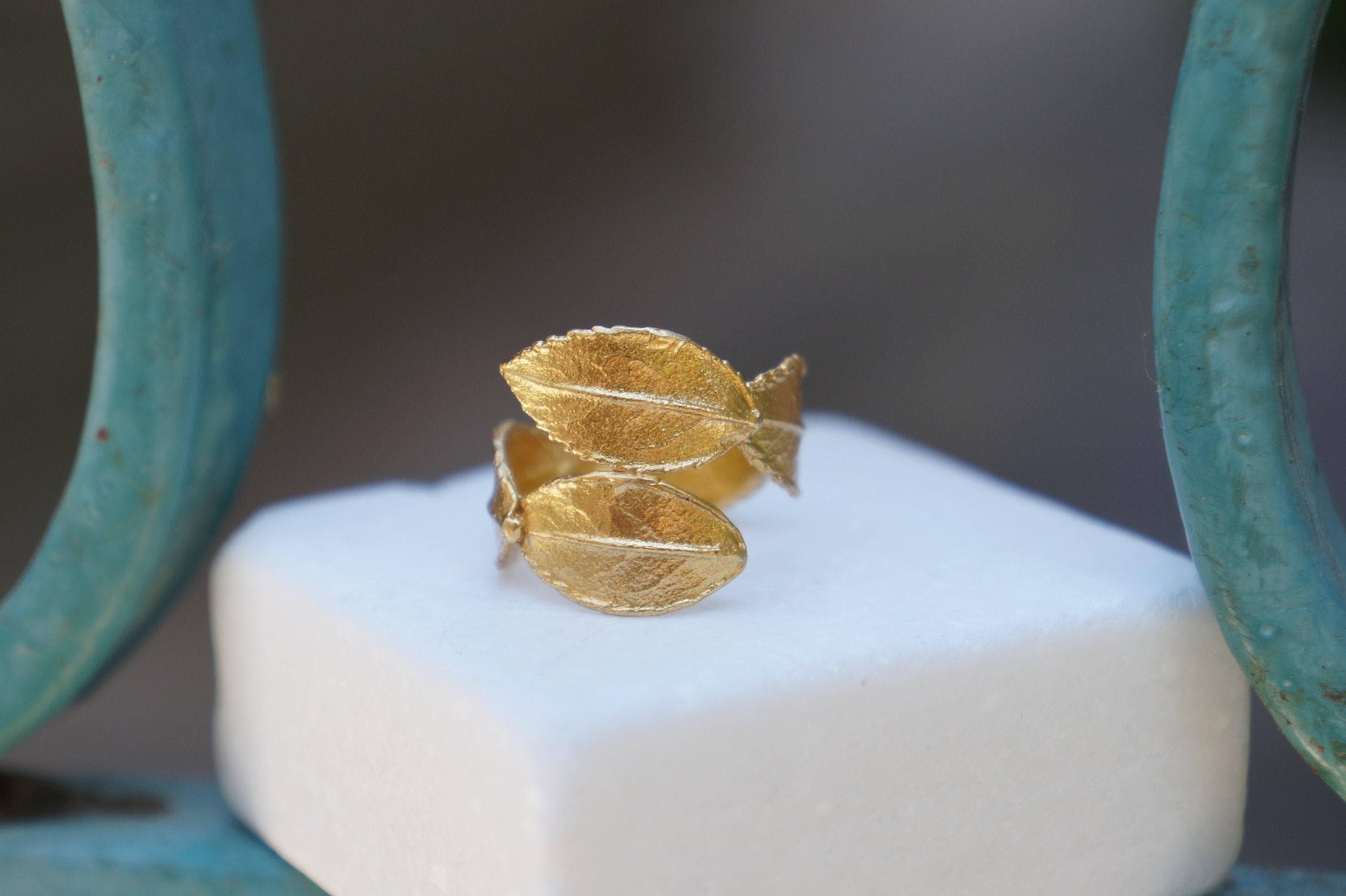 Rose Leaf Ring for Women - Handcrafted 14K Gold Plated Recycled Brass