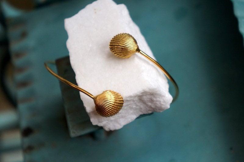 Gold Sea Shell Bracelet, Handmade Nature Jewelry, Real Ocean Cuff, Gift for Luck & Vitality, Eco Sustainable Sterling Silver 925