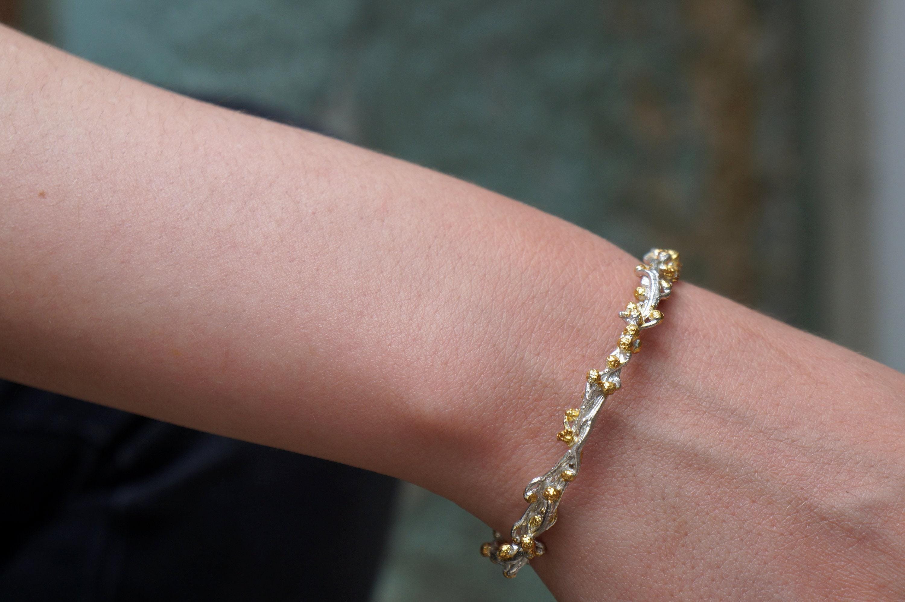 Gold Mimosa Branch Bracelet, Handmade Nature Jewelry, Organic Forest Bangle, Gift for Longevity & Vitality, Sterling Silver 925
