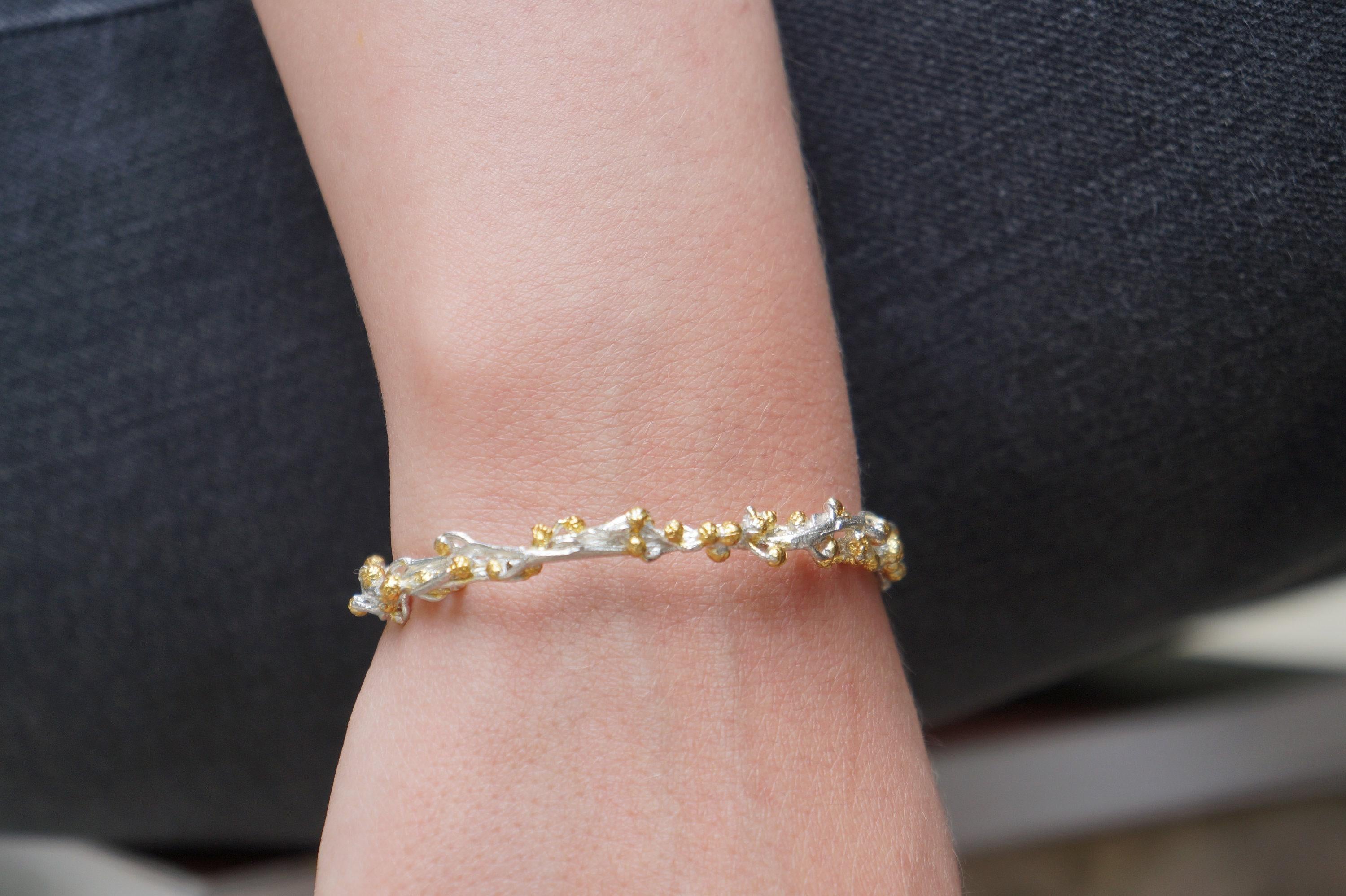 Gold Mimosa Branch Bracelet, Handmade Nature Jewelry, Organic Forest Bangle, Gift for Longevity & Vitality, Sterling Silver 925