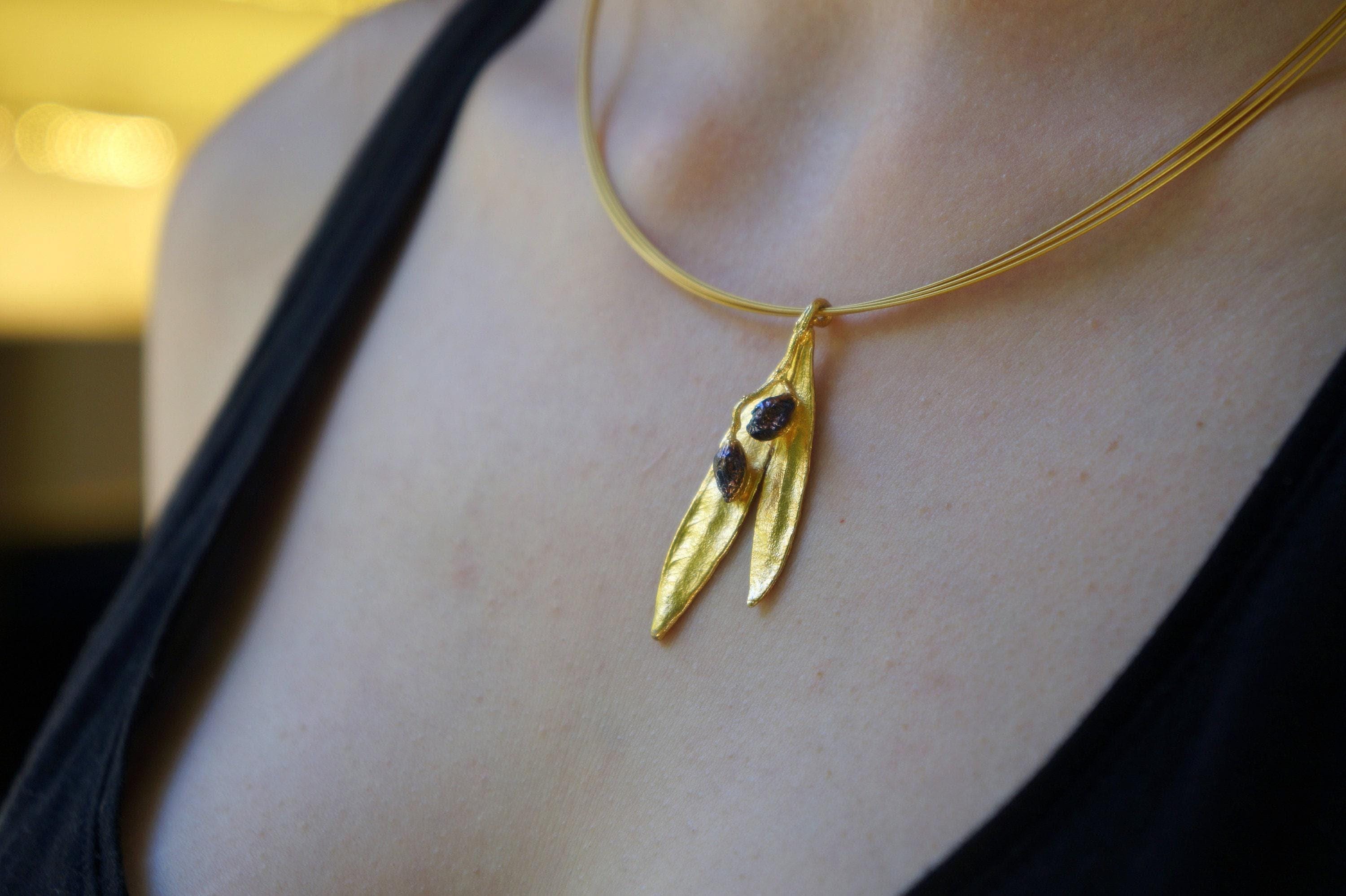 Real Olive Leaves Gold Pendant, Handmade Nature Jewelry, Organic Tree Necklace, Boho Gift for Victory & Health, Sterling Silver 925