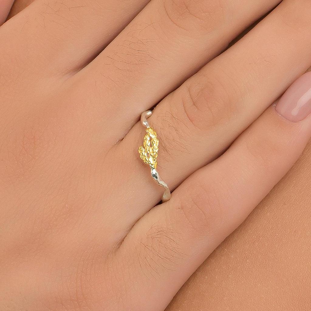 Real Jasmine & Juniper Branch Gold Ring, Handmade Minimalist Jewelry, Organic Forest Band, Gift for Longevity, Sterling Silver 925
