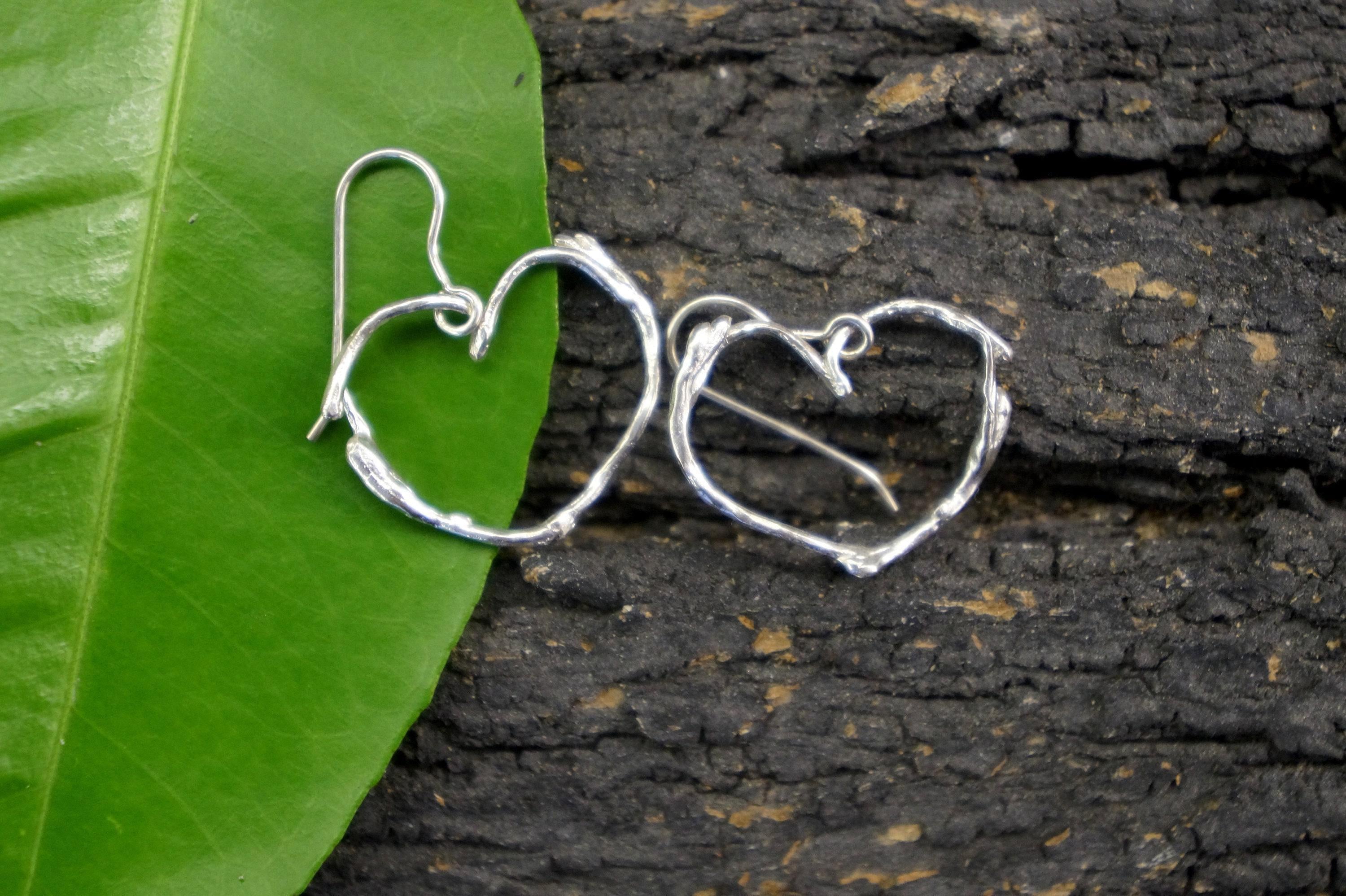 Gold Heart Twig Earrings, Handmade Minimalist Jewelry, Botanical Jasmine Drops, Gift for Love & Protection, Sustainable Sterling Silver 925