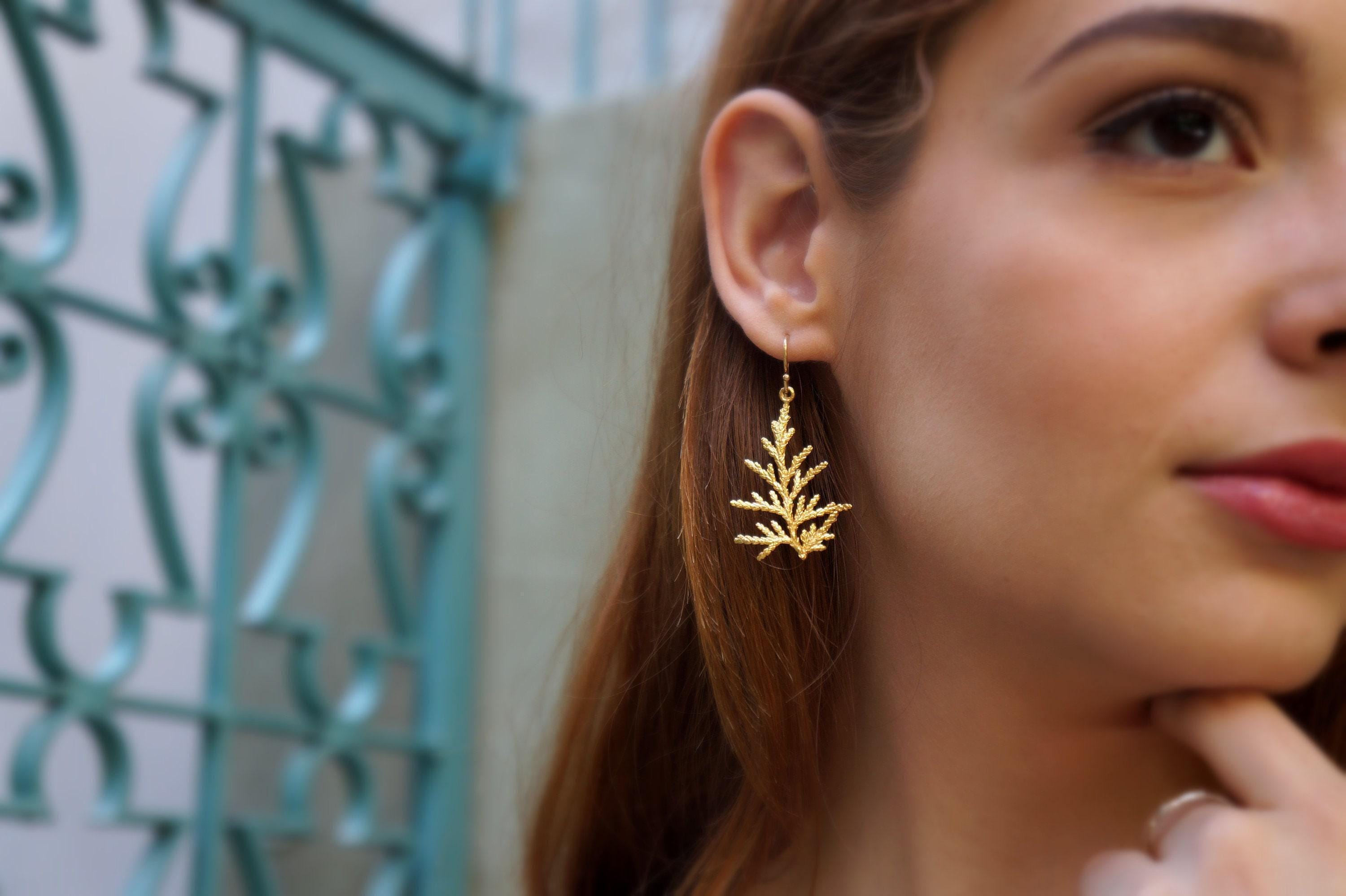 Gold Juniper Earrings, Handmade Nature Jewelry, Botanical Dangles, Symbolizes Health & Resilience, Eco Sustainable Sterling Silver 925