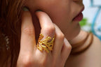 Real Juniper Leaf Gold Ring, Handmade Nature Jewelry, Organic Boho Band, Gift for Luck & Health, Eco Sustainable Brass