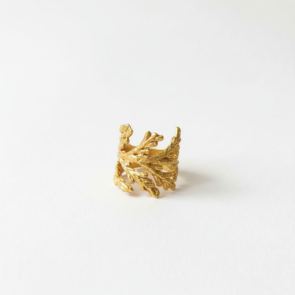 Real Juniper Leaf Gold Ring, Handmade Nature Jewelry, Organic Boho Band, Gift for Luck & Health, Eco Sustainable Brass
