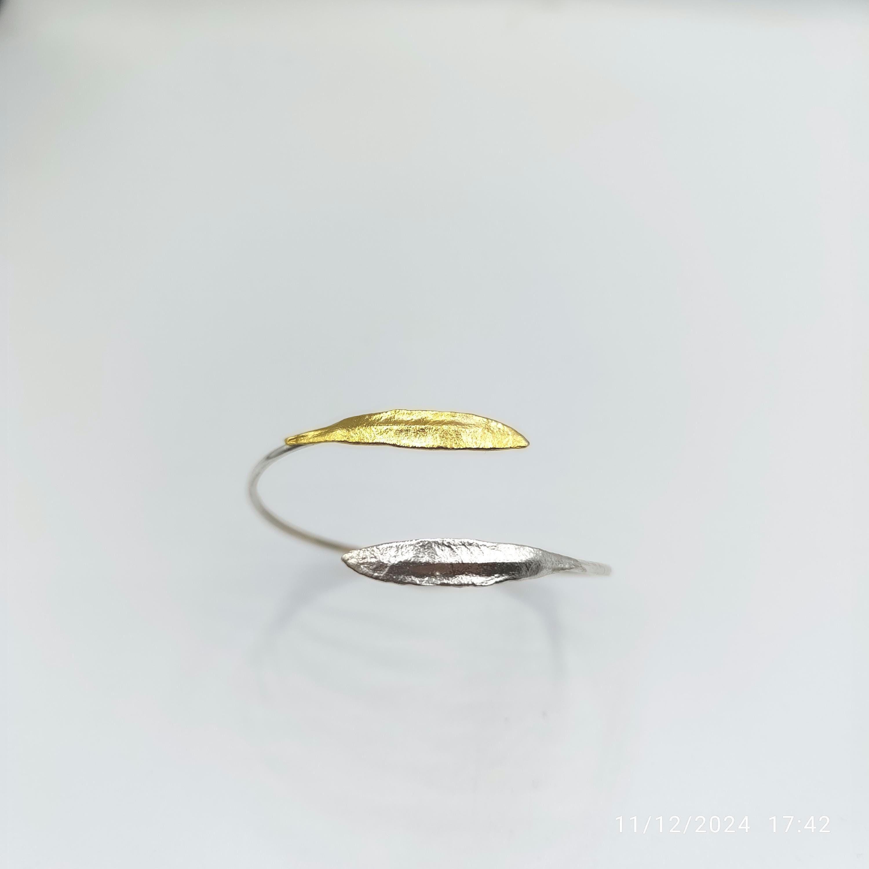 Minimalist Olive Leaves Cuff, Handmade Nature Jewelry, Symbolic Gold Bracelet, Gift for Longevity and Luck, Sterling Silver 925.