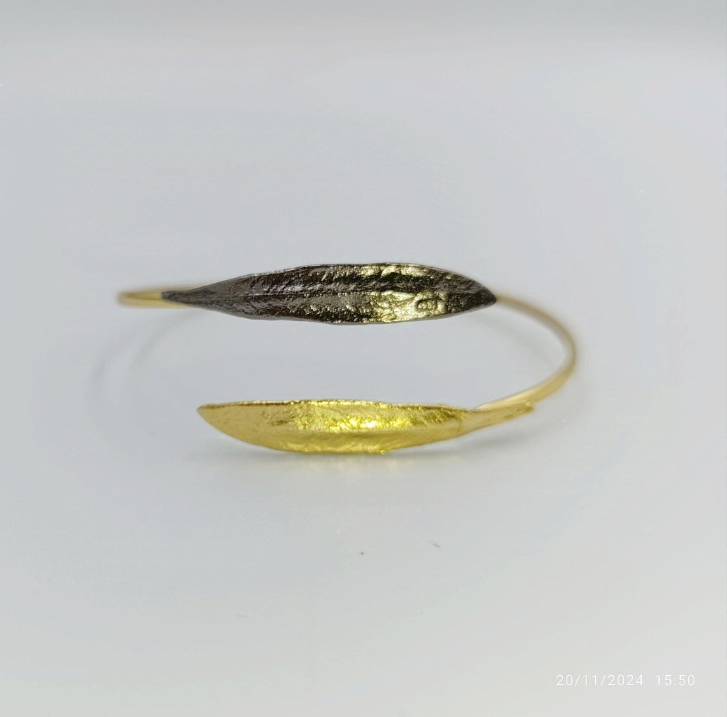 Minimalist Olive Leaves Cuff, Handmade Nature Jewelry, Symbolic Gold Bracelet, Gift for Longevity and Luck, Sterling Silver 925.